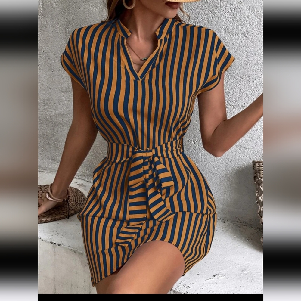Shein Vertical Striped Notched Neck Batwing Sleeve Belted Dress - Picture 7 of 13